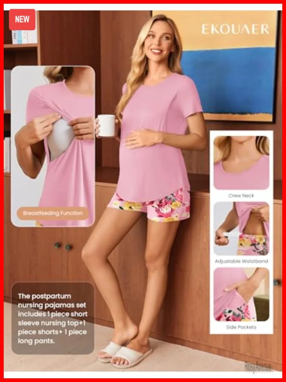 3 Piece Maternity Nursing Pajama Set with Adjustable Waistbands